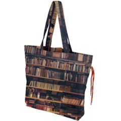 Books On Bookshelf Assorted Color Book Lot In Bookcase Library Drawstring Tote Bag