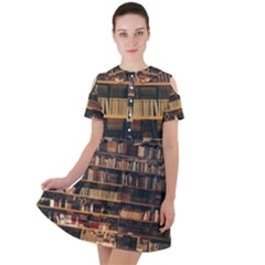 Books On Bookshelf Assorted Color Book Lot In Bookcase Library Short Sleeve Shoulder Cut Out Dress 