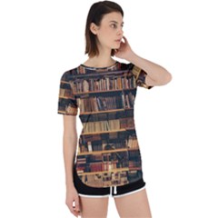 Books On Bookshelf Assorted Color Book Lot In Bookcase Library Perpetual Short Sleeve T-Shirt