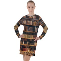 Books On Bookshelf Assorted Color Book Lot In Bookcase Library Long Sleeve Hoodie Dress