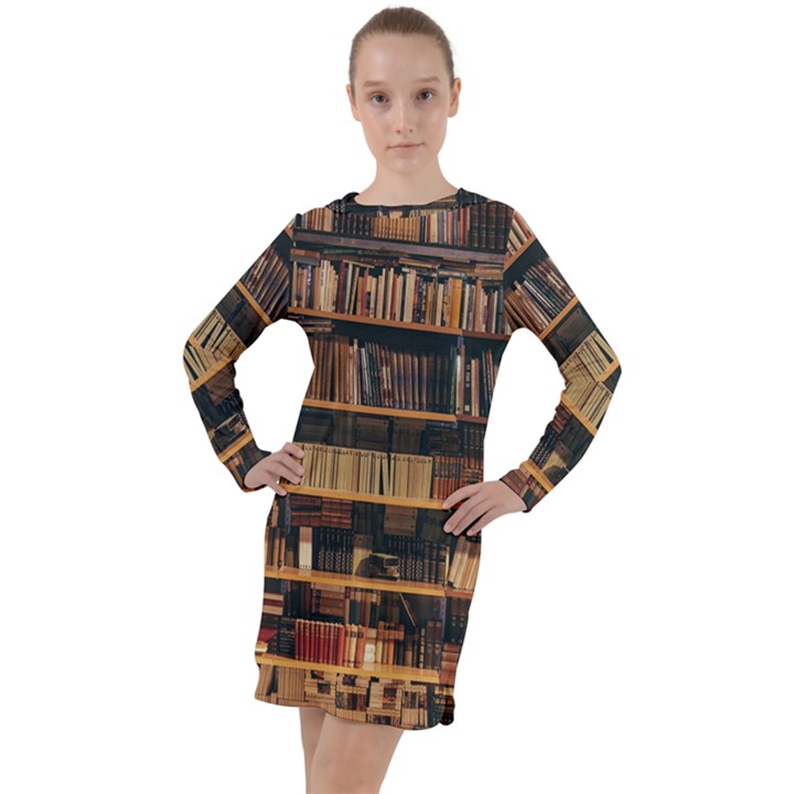 Books On Bookshelf Assorted Color Book Lot In Bookcase Library Long Sleeve Hoodie Dress