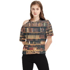 Books On Bookshelf Assorted Color Book Lot In Bookcase Library One Shoulder Cut Out Tee