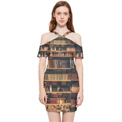 Books On Bookshelf Assorted Color Book Lot In Bookcase Library Shoulder Frill Bodycon Summer Dress