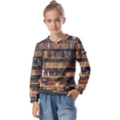 Books On Bookshelf Assorted Color Book Lot In Bookcase Library Kids  Long Sleeve Tee with Frill 