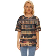 Books On Bookshelf Assorted Color Book Lot In Bookcase Library Oversized Basic Tee