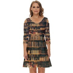 Books On Bookshelf Assorted Color Book Lot In Bookcase Library Shoulder Cut Out Zip Up Dress