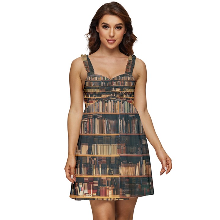 Books On Bookshelf Assorted Color Book Lot In Bookcase Library Ruffle Strap Babydoll Chiffon Dress