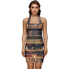 Books On Bookshelf Assorted Color Book Lot In Bookcase Library Sleeveless Wide Square Neckline Ruched Bodycon Dress