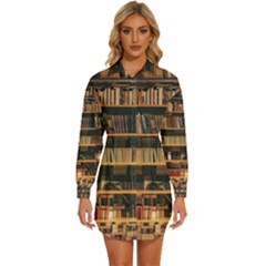 Books On Bookshelf Assorted Color Book Lot In Bookcase Library Womens Long Sleeve Shirt Dress