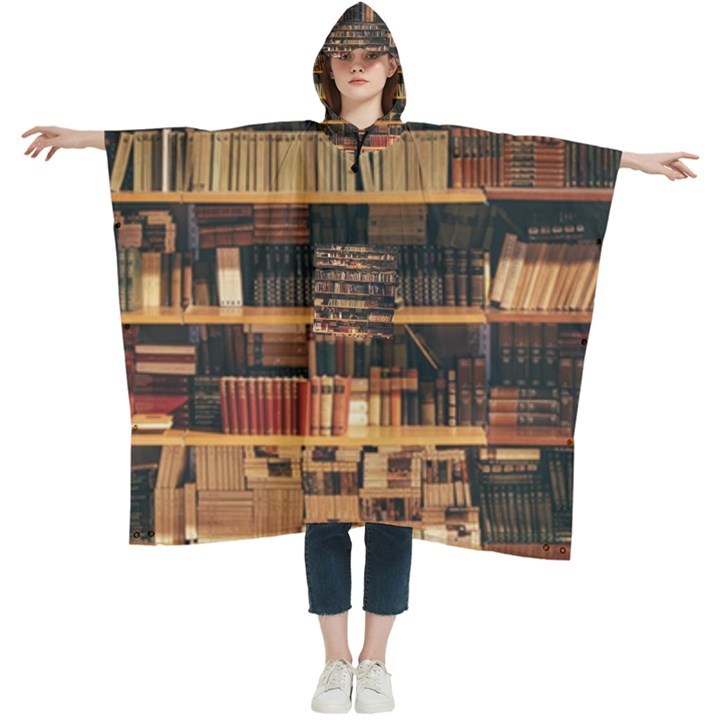 Books On Bookshelf Assorted Color Book Lot In Bookcase Library Women s Hooded Rain Ponchos