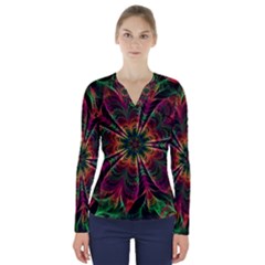 Multicolored Flower Mandala Wallpaper Kaleidoscope Pattern V-neck Long Sleeve Top by 99art