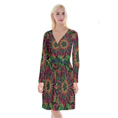 Multicolored Flower Mandala Wallpaper Kaleidoscope Pattern Long Sleeve Velvet Front Wrap Dress by 99art