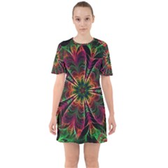 Multicolored Flower Mandala Wallpaper Kaleidoscope Pattern Sixties Short Sleeve Mini Dress by 99art