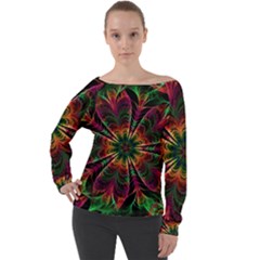 Multicolored Flower Mandala Wallpaper Kaleidoscope Pattern Off Shoulder Long Sleeve Velour Top by 99art