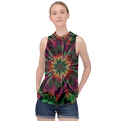 Multicolored Flower Mandala Wallpaper Kaleidoscope Pattern High Neck Satin Top by 99art