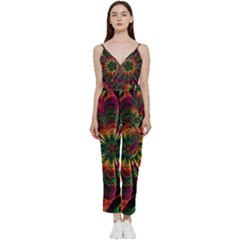 Multicolored Flower Mandala Wallpaper Kaleidoscope Pattern V-neck Spaghetti Strap Tie Front Jumpsuit by 99art