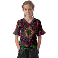 Multicolored Flower Mandala Wallpaper Kaleidoscope Pattern Kids  V-neck Horn Sleeve Blouse