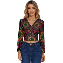 Multicolored Flower Mandala Wallpaper Kaleidoscope Pattern Long Sleeve V-neck Top by 99art