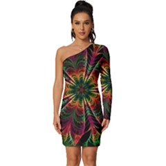 Multicolored Flower Mandala Wallpaper Kaleidoscope Pattern Long Sleeve One Shoulder Mini Dress by 99art