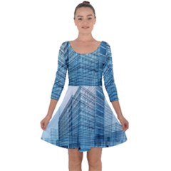 Architecture Blue Drawing Engineering City Modern Building Exterior Quarter Sleeve Skater Dress