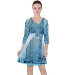 Architecture Blue Drawing Engineering City Modern Building Exterior Quarter Sleeve Ruffle Waist Dress by 99art