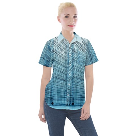 Architecture Blue Drawing Engineering City Modern Building Exterior Women s Short Sleeve Pocket Shirt by 99art