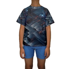 Architectural Design Abstract 3d Neon Glow Industry Kids  Short Sleeve Swimwear by 99art