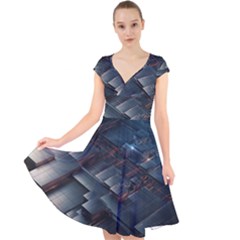 Architectural Design Abstract 3d Neon Glow Industry Cap Sleeve Front Wrap Midi Dress by 99art