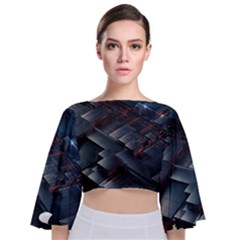 Architectural Design Abstract 3d Neon Glow Industry Tie Back Butterfly Sleeve Chiffon Top by 99art