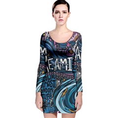 Graffiti Art Psychedelic Art Graphic Design Modern Art Long Sleeve Velvet Bodycon Dress by 99art