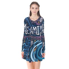 Graffiti Art Psychedelic Art Graphic Design Modern Art Long Sleeve V-neck Flare Dress by 99art