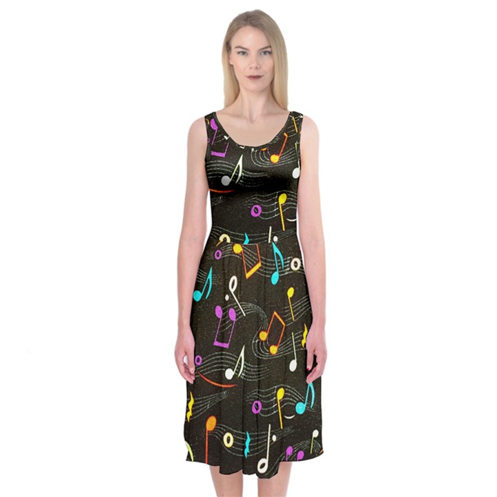 Assorted Color Musical Notes Wallpaper Fabric Midi Sleeveless Dress