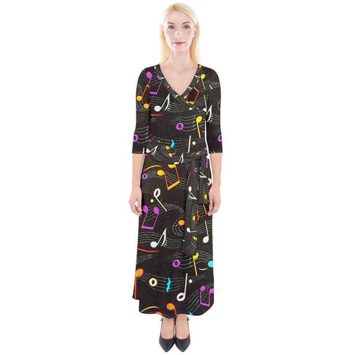 Assorted Color Musical Notes Wallpaper Fabric Quarter Sleeve Wrap Maxi Dress