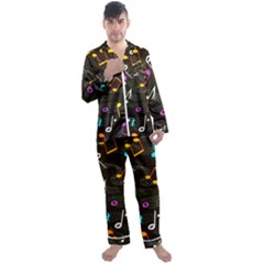 Assorted Color Musical Notes Wallpaper Fabric Men s Long Sleeve Satin Pajamas Set