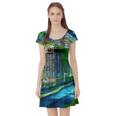 Anime Landscape Apocalyptic Ruins Water City Cityscape Short Sleeve Skater Dress by 99art