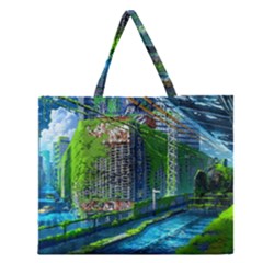 Anime Landscape Apocalyptic Ruins Water City Cityscape Zipper Large Tote Bag by 99art