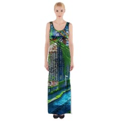 Anime Landscape Apocalyptic Ruins Water City Cityscape Thigh Split Maxi Dress by 99art