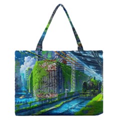 Anime Landscape Apocalyptic Ruins Water City Cityscape Zipper Medium Tote Bag by 99art