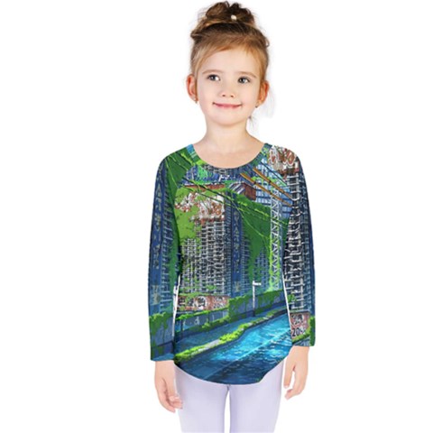 Anime Landscape Apocalyptic Ruins Water City Cityscape Kids  Long Sleeve Tee by 99art