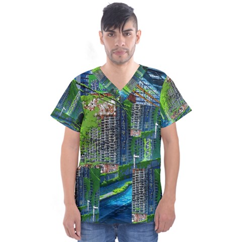 Anime Landscape Apocalyptic Ruins Water City Cityscape Men s V-neck Scrub Top by 99art