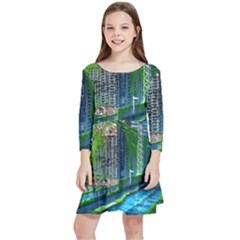 Anime Landscape Apocalyptic Ruins Water City Cityscape Kids  Quarter Sleeve Skater Dress by 99art