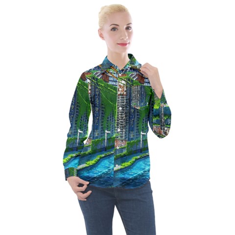 Anime Landscape Apocalyptic Ruins Water City Cityscape Women s Long Sleeve Pocket Shirt by 99art