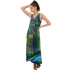 Anime Landscape Apocalyptic Ruins Water City Cityscape V-neck Chiffon Maxi Dress by 99art