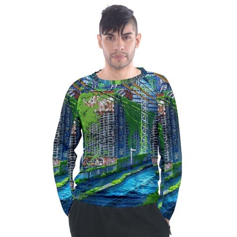 Anime Landscape Apocalyptic Ruins Water City Cityscape Men s Long Sleeve Raglan Tee by 99art