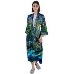 Anime Landscape Apocalyptic Ruins Water City Cityscape Maxi Satin Kimono by 99art