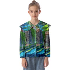 Anime Landscape Apocalyptic Ruins Water City Cityscape Kids  Peter Pan Collar Blouse by 99art