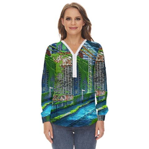 Anime Landscape Apocalyptic Ruins Water City Cityscape Zip Up Long Sleeve Blouse by 99art