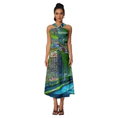 Anime Landscape Apocalyptic Ruins Water City Cityscape Sleeveless Cross Front Cocktail Midi Chiffon Dress by 99art