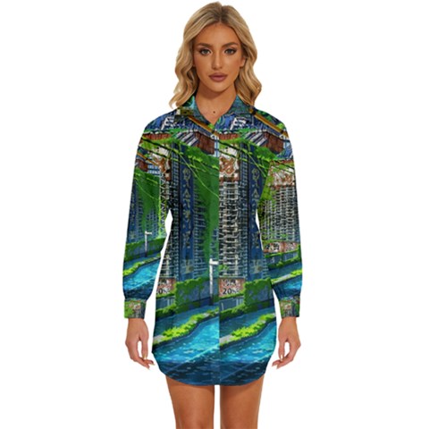 Anime Landscape Apocalyptic Ruins Water City Cityscape Womens Long Sleeve Shirt Dress by 99art