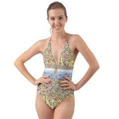 Waldo Cartoon Where s Wally Water Sky Sea Day Nature Halter Cut-out One Piece Swimsuit by 99art